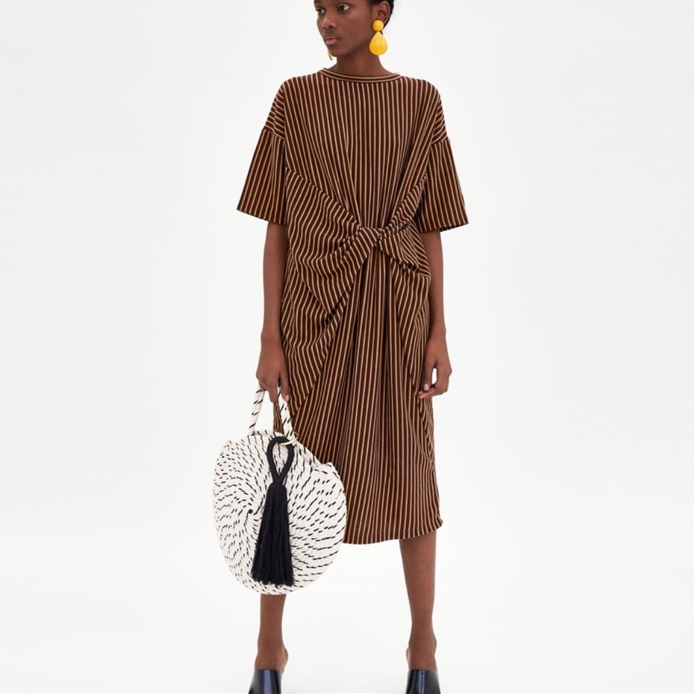 Zara Knotted Striped Relaxed Fit Oversized Midi Dress